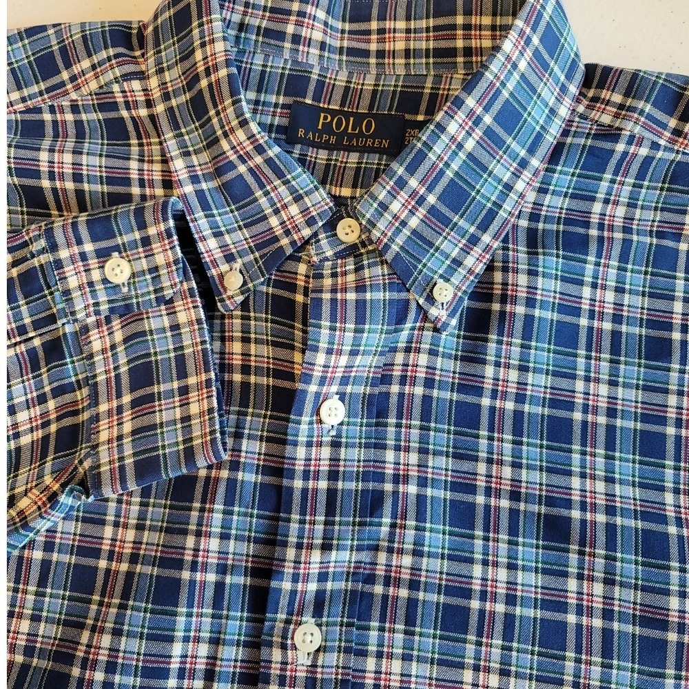 Polo Ralph Lauren Mens 2XB Blue Plaid Cotton Button Down Shirt Long Pony Sleeve